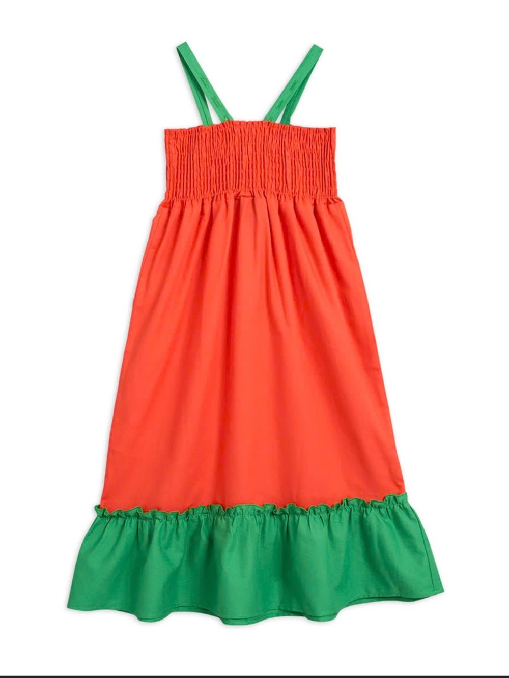 Mini Rodini Woven Orange Maxi Smocked Sundress w/ Green Ruffle & Straps -Organic
